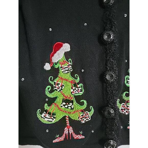 Vintage Mandal Bay Sz M Black Whimsy Button Christmas Tree Cardigan Ugly Sweater - Picture 2 of 8